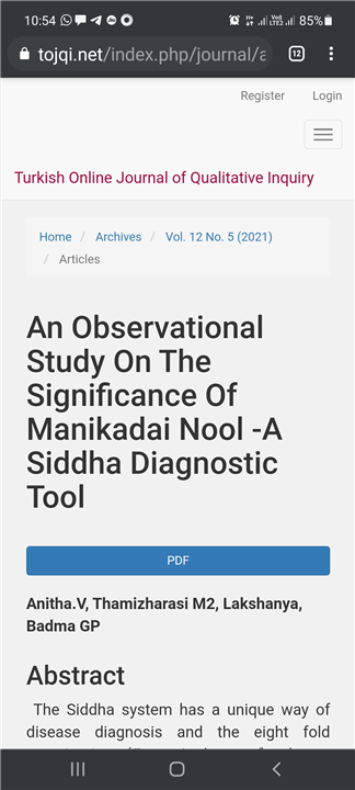 Siddha research paper Published in Scopus Indexed Journal   Author- Dr. V. Anitha Sri Sairam sidd