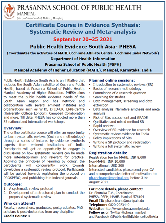 Certificate Course in Evidence Synthesis: Systematic Review and Meta-analysis 